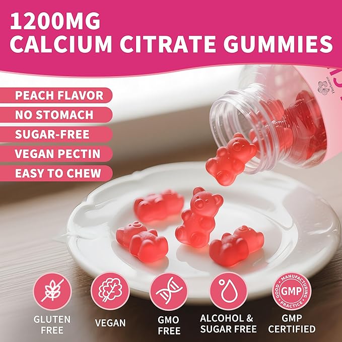 Calcium Citrate Gummies 1200 mg for Adults, High Absorption Calcium Supplement for Women & Men, Sugar Free, Non-GMO, Gluten Free, Supports Muscle & Immune - Natural Peach Flavor