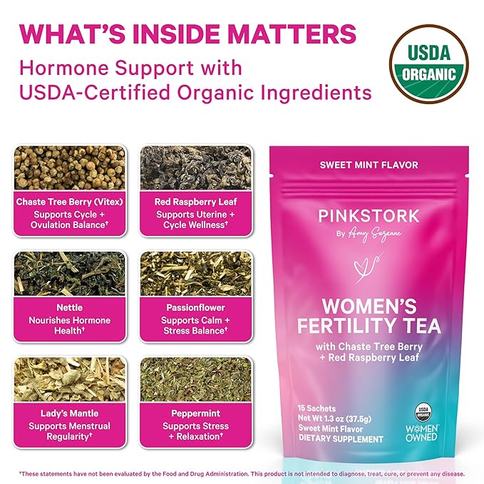 Pink Stork Organic Fertility Tea for Women | Fertility Supplements for Women with Chaste Tree Berry (Vitex) + Red Raspberry Leaf | Hormone Balance Herbal Tea for Conception Support | USDA Organic, Caffeine Free - Sweet Mint, 15 Sachets