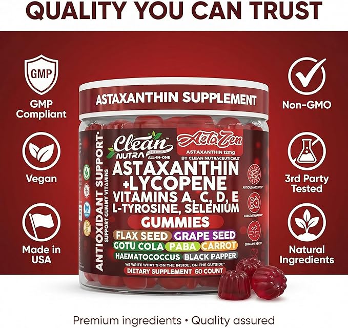 Clean Nutraceuticals AstaZen Astaxanthin Gummies 12mg - with Lycopene, Vitamins A C D E, L-Tyrosine & Selenium - Antioxidant Support Gummies - 60 Count