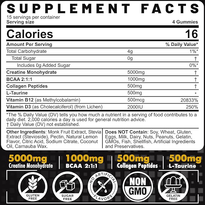 Creatine Monohydrate Gummies for Men & Women - with BCAA, Collagen Peptides, L-Taurine, Vitamin B12, D3, Chewables Creatine Monohydrate 5g Per Serving, Natural Lemon Flavor, Sugar Free, 2 Pack