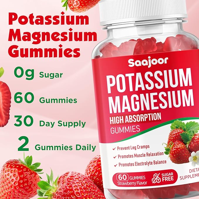 Potassium Magnesium Gummies,High Absorption Magnesium Glycinate,D3 & B6,Potassium Citrate - for Muscle Support, Leg Cramps & Electrolyte Balance - Vegan, Non-GMO, Strawberry Flavor, 120 Count