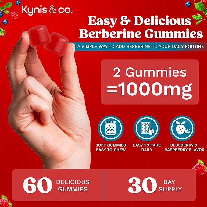 Kynis & co. Berberine Gummies with Ceylon Cinnamon and Apple Cider Vinegar - Sugar Free - Blueberry and Raspberry Flavor - 60ct - Supports metabolic and Digestive Health