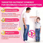Kids Calcium Gummies with D3 & Magnesium for 4+: Sugar Free Calcium Citrate with Vitamin D3, K2, Zinc, Probiotics & Prebiotics for Kids - Gluten Free, Non-GMO,Vegan, Natural Strawberry Flavor