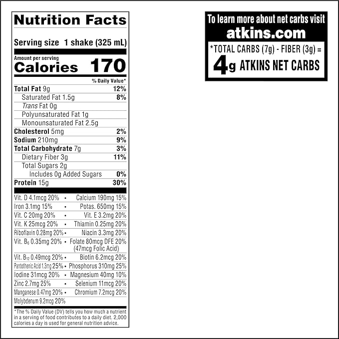 Atkins Chocolate Banana Protein Shake, 15g Protein, 5g Net Carbs, 1g Sugar, Low Carb, High Protein Shake, Banana Breakfast Protein Shake, 4 Pack (11 fl. oz Each)