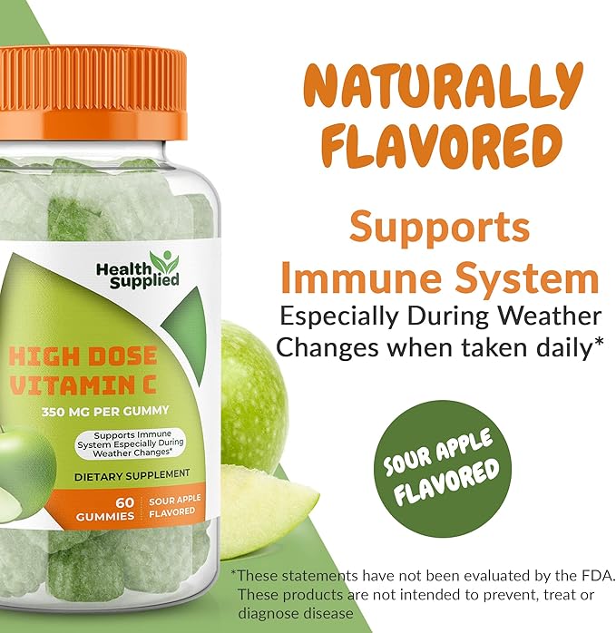 Sour Apple Flavored Vitamin C Gummies Mega Dose - 1050 mg Vitamin C - Boosts Immune System and Supports Heart Health - Great Tasting and Easy to Swallow