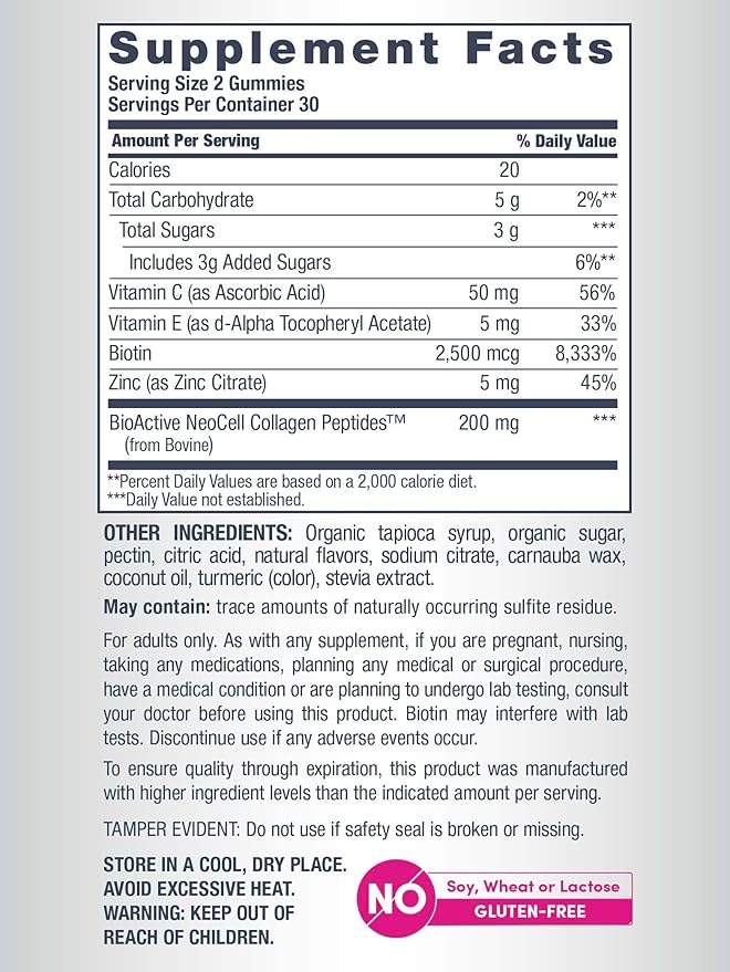 NeoCell Hair Skin and Nails Gummies | 60 Count | Collagen Peptides Plus Biotin | with Vitamins C and E | Advanced Beauty Builder Formula | for Women and Men