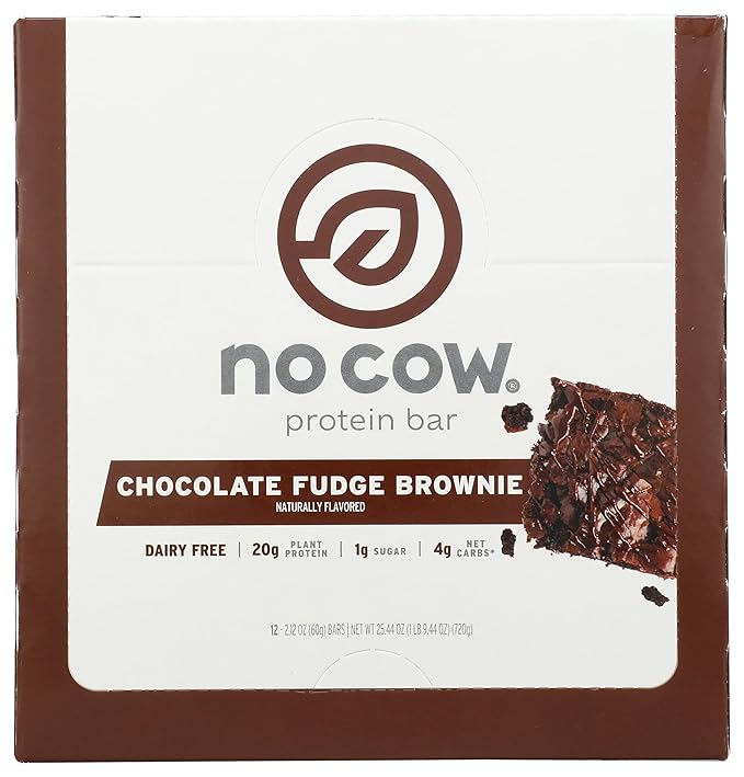 No Cow Vegan Protein Bars, Upgraded Chocolate Fudge Brownie | 20g Plant Based Protein, Gluten Free, Dairy Free, Soy Free, Keto Friendly, Low Sugar, High Fiber Snack Bars | Pack of 12