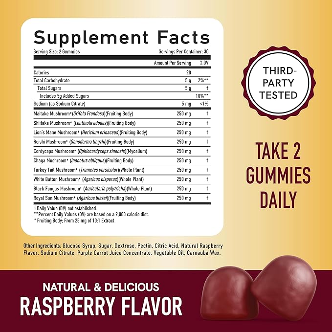 SMNutrition Mushroom Gummies for Adults | with Lions Mane, Turkey Tail, Reishi, Cordyceps, Chaga & Maitake | Support Cognitive Function & Immune Health | Raspberry Flavor | 60ct