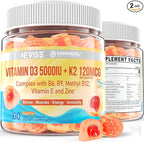 Vitamin D3 5000IU + K2 (MK-7) 120mcg, Sugar-Free Vitamin D3 K2 Filled Gummies with Vitamin B Complex - Methyl B12, B9, B6 | Vitamin E & Zinc, MCT Oil - Supports Bone & Teeth Strength, Immune, 2PACK