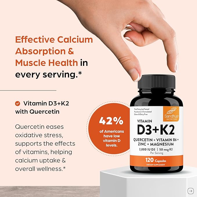 Sandhu's Vitamin D3 K2 Magnesium 2000 IU, 50mcg K2 Capsules 120 Count (Pack of 2) | with VIT B6, Zinc & Quercetin | D3K2 Supports Superior Absorption, Energy, Immune, Muscle Health for Men & Women