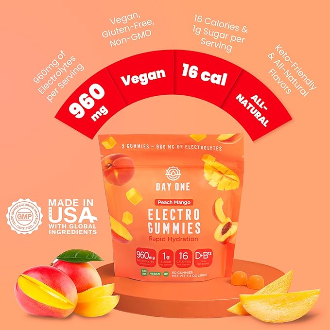 Day One Electrogummies - 60pcs. of Peach Mango Flavored Electrolyte Gummies for Hydration - Packed with Essential Electrolytes Ideal for Workouts, Running, Hiking and More