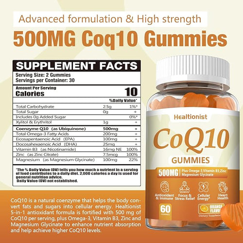 1 Pack 500MG Coq10 Gummies - 3X Better Absorption, Plus Omega-3, Magnesium, Vitamin B3 & Zinc - Coenzyme Q10 Supplements for Heart Health, Cellular Energy & Antioxidant, Vegan, 60 Counts