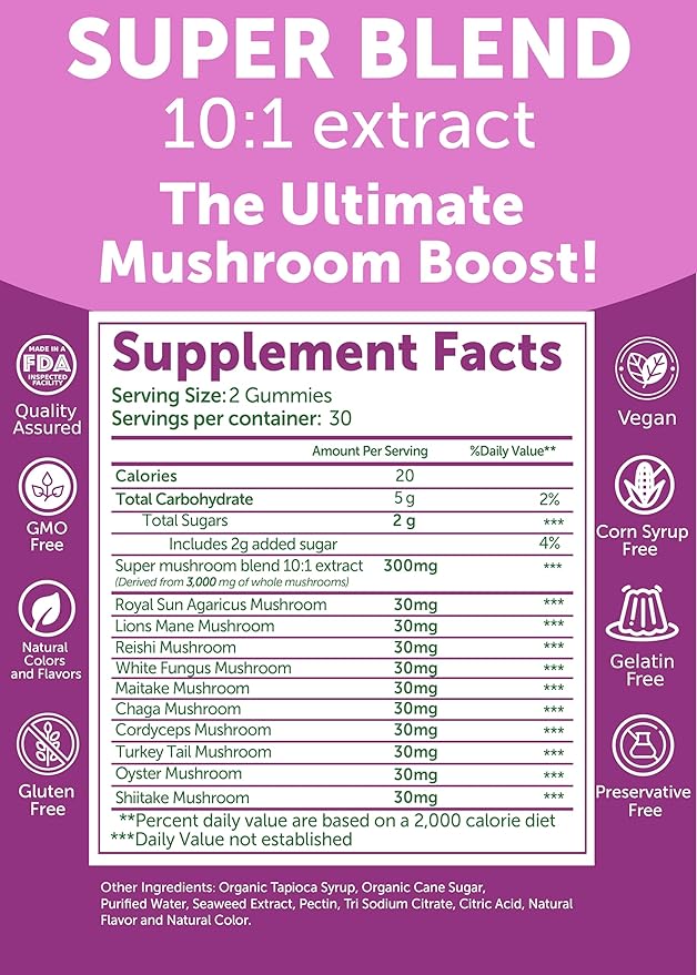 Lunakai USA Made Super Mushroom Gummies for Adults – 10-in-1 Adaptogenic Mushroom Supplement with Lion’s Mane – Daily Focus & Brain Support, 60ct
