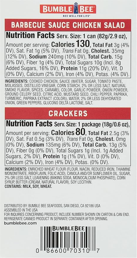 Bumble Bee Snack On The Run! Protein Snack Pack - BBQ Chicken Salad with Crackers - 12g Protein per Box - Ready to Eat Easy-Open Canned Chicken Salad (Pack of 1)