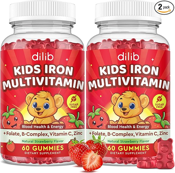 Iron Supplement Gummies for Kids, Kids Multivitamin with Iron Gummies - Zinc, Vitamin B Complex, A, C, D3, B12, Folate for Blood Builder & Energy Support, Iron Deficiency, Vegan Strawberry 120ct