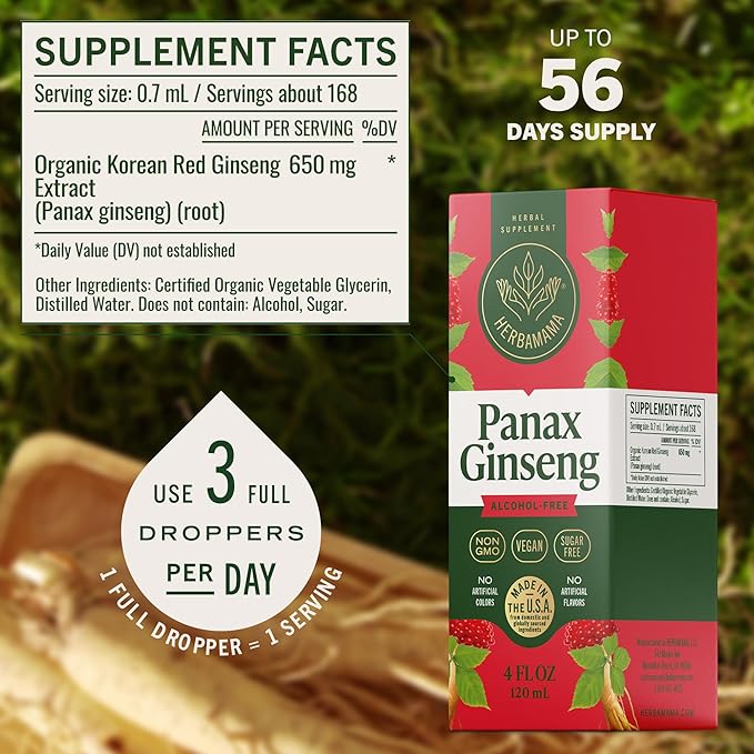 HERBAMAMA Panax Ginseng Root Tincture - Immune & Overall Support with Korean Red Ginseng Supplement - Vegan, Non-GMO, Alcohol & Sugar-Free Herbal Drops, 56-Day Supply