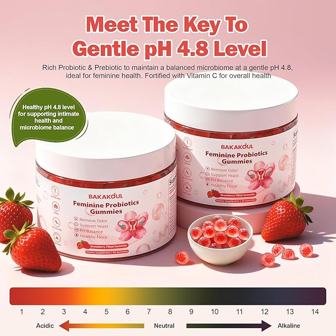 Feminine Balance Gummies for Women,Vaginal Probiotics Supports pH Balance, Digestive Health,Vegan,Gluten-Free, Strawberry Flavor with Filled,60 Gummies