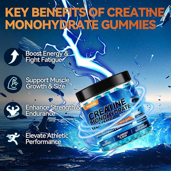 Creatine Monohydrate Gummies Complex 8000mg for Men & Women, Sugar Free Creatine Gummy with L-Taurine, BCAA 2:1, B12＆6, for Muscle Growth, Energy Boost & Recovery, Vegan, Gluten-Free, 120 Count