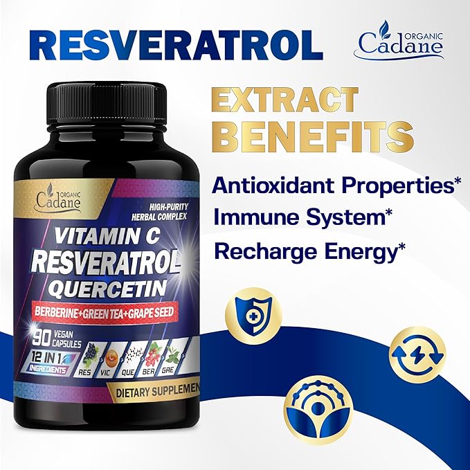 Organic Cadane Resveratrol Supplement - 12in1 Blended with VIT.C, Quercetin, Berberine, Turmeric, Green Tea & More - 90 Capsules 3 Month