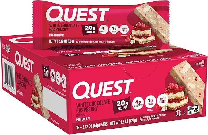 Quest Nutrition White Chocolate Raspberry Protein Bars, 20g Protein, 1g Sugar, 5g Net Carb, High Fiber, Gluten Free, Keto Friendly, 12 Count