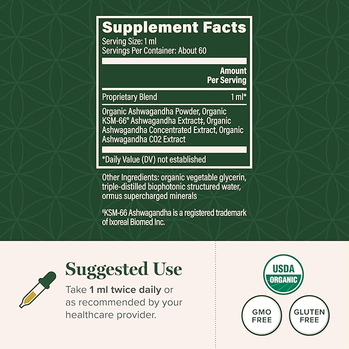 Global Healing Center - Organic Ashwagandha Supplements Drops - KSM-66 Ashwagandha Extra Strength for Men & Women, Helps Promote Relief from Stress, Mood Support, Organic (2 Fl Oz) (Pack of 2)