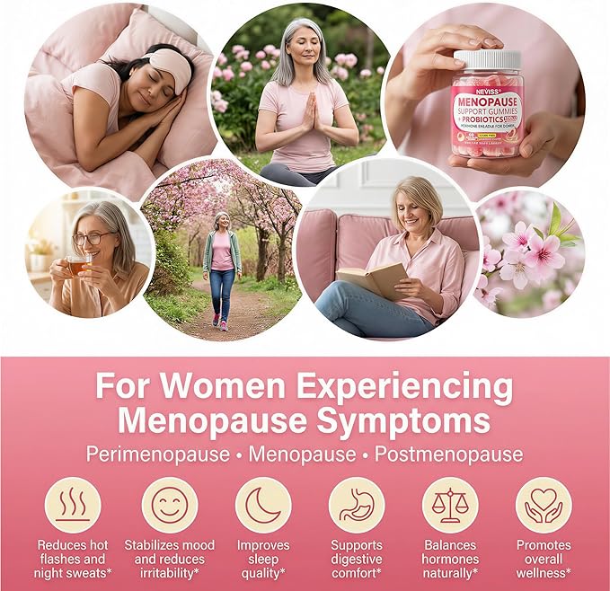 Menopause Gummies Supplement for Women w/ Red Clover, Black Cohosh for Hot Flashes, Menopause Support Vitamins + Ashwagandha Probiotics, Over 50 Hormone Support Balance Gummies Sugar Free, Vegan 60ct