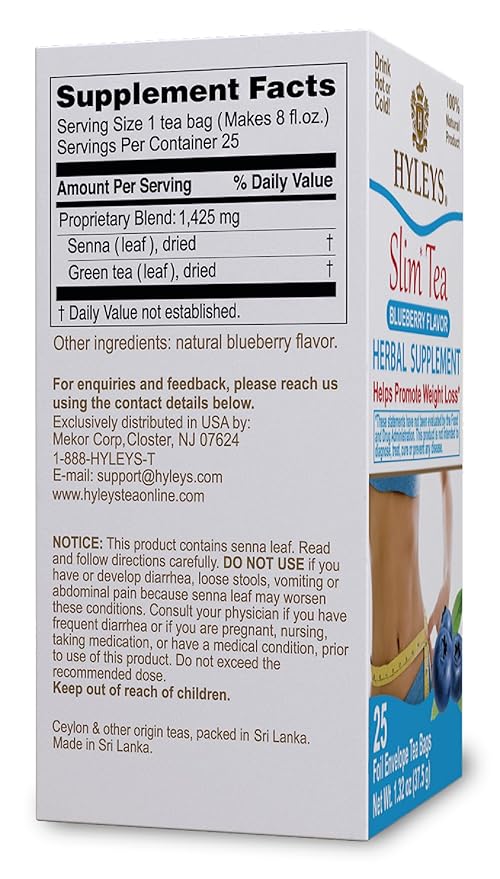 Hyleys Slim Tea Blueberry Flavor - Weight Loss Herbal Supplement Cleanse and Detox - 25 Tea Bags (12 Pack)