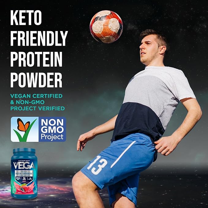 Vega Protein + Supergreens - 20g Plant-Based Protein, Berry, 26 Servings, Real Greens & Veggies, Vegan Keto, 0g Added Sugar, Non-GMO, Gluten Free, Dairy Free, 1.7lbs (Packaging May Vary)