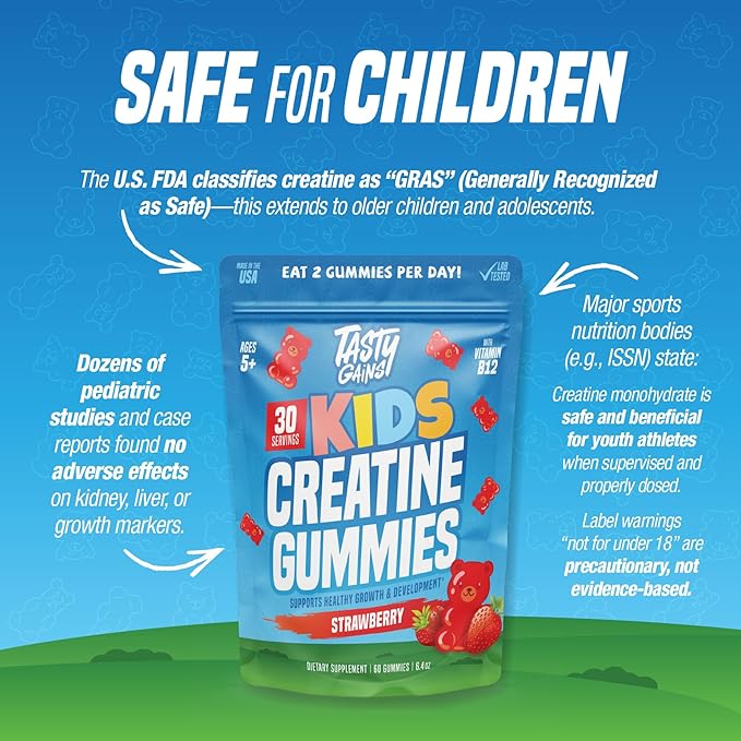 TASTY GAINS Kids Creatine Gummies with Vitamin B12 for Growth Support, Kids Vitamin Gummies for Daily Nutrition Support, Gummy Vitamins for Kids, Easy Chew Supplement for Children