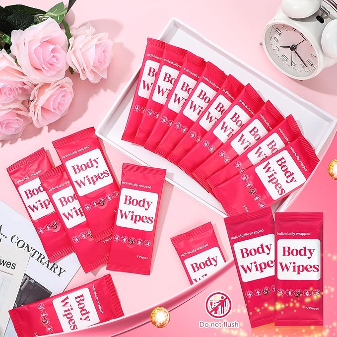 300 Pcs 60 Pack Body Wipes for Adults Bathing No Rinse Individually Wrapped Shower Wipes Washcloth with Aloe Cleansing Body Wash Cloths Disposable Bulk Deodorant Homeless(Rose Background)