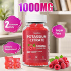 Potassium Citrate Gummies 1000mg, Chewable Potassium Citrate Supplement for Kids & Adults, Support Leg Cramps & Muscle Health, Sugar Free, Vegan, Raspberry Flavor (60Count)