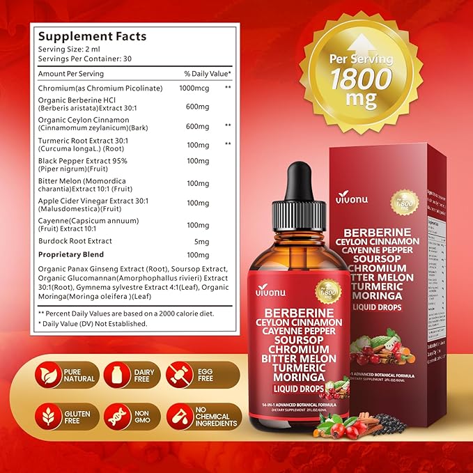14-in-1 Berberine with Ceylon Cinnamon Supplement Liquid Drops, 1800mg + 30:1 Liposomal Tech with Cayenne Pepper Soursop Chromium Bitter Melon Turmeric Moringa Gymnema Glucomannan, GLP Support 4Bottle
