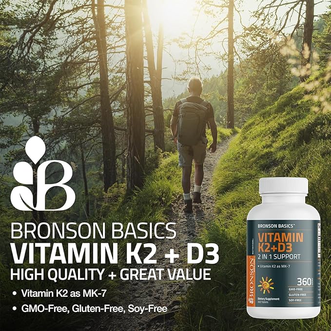 Bronson Vitamin K2 D3 (MK7) Supplement Non-GMO Formula Vitamin D3 5000IU (125 mcg) & 90 mcg K2 MK-7, Easy to Swallow D & K Complex, 120 Tablets