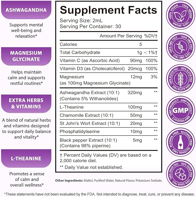 Cortisol Supplements for Women and Men with Magnesium, Ashwagandha, L-Theanine, 10 in 1 Cortisol Detox Manager Reducer, Hormone Balance Liquid Drops - Mood, Focus, Sleep - Blueberry Flavor(2.02 fl.oz)