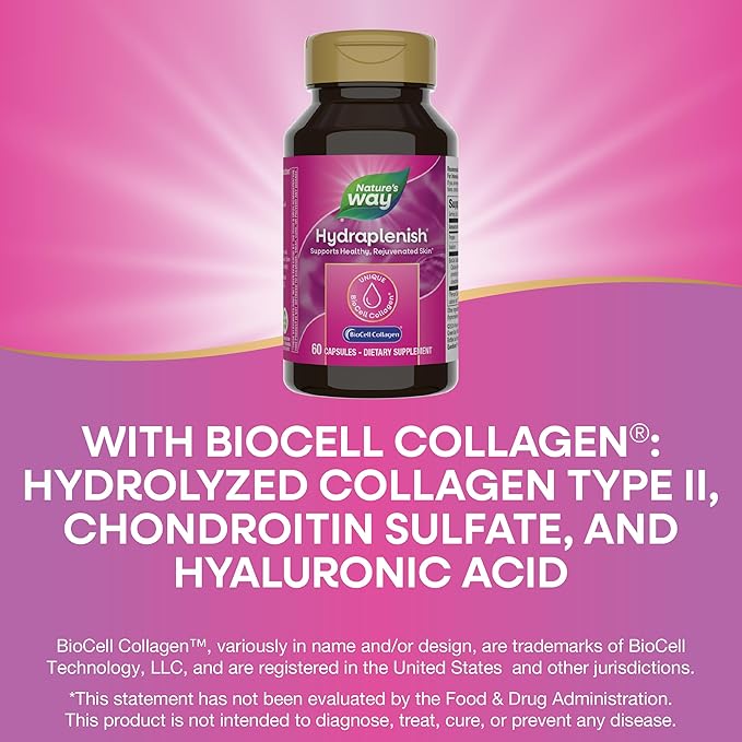 Nature’s Way Hydraplenish, with Patented BioCell Collagen, Supports Healthy Skin, Promotes Skin Collagen, Promotes Skin Elasticity, 60 Capsules