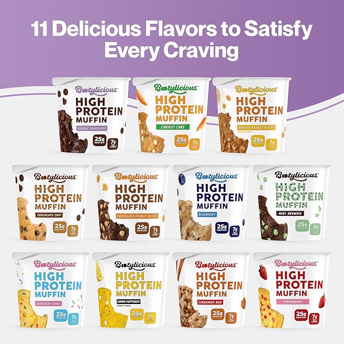 Bootylicious | 25g Protein Muffin | Double Chocolate | Low Carb, 16g-18g Fiber, Low Glycimic Index, Low Sugar, 2.75oz Cup, 12-Pack