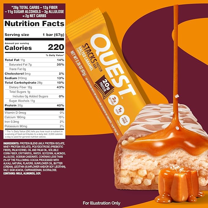 Quest Nutrition Stacks Protein Bars, Salted Caramel Flavor, 20g Protein, 2g Net Carbs, 1g Sugar, High Fiber, Low Sugar, Gluten Free, 4 Count