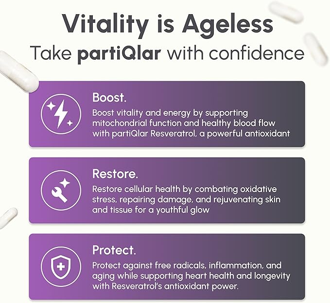 partiQlar Trans-Resveratrol 500mg - High Purity Resveratrol Supplement for Anti-Aging, Heart Health & Cellular Energy - Powerful Antioxidant & NAD+ Booster - 60 Veggie Capsules