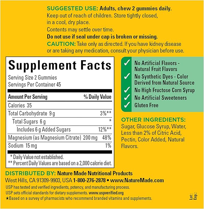 Nature Made High Absorption Magnesium Citrate 200 mg per serving, Magnesium Supplement for Muscle, Nerve, Bone and Heart Support, 90 Magnesium Gummies, 45 Day Supply