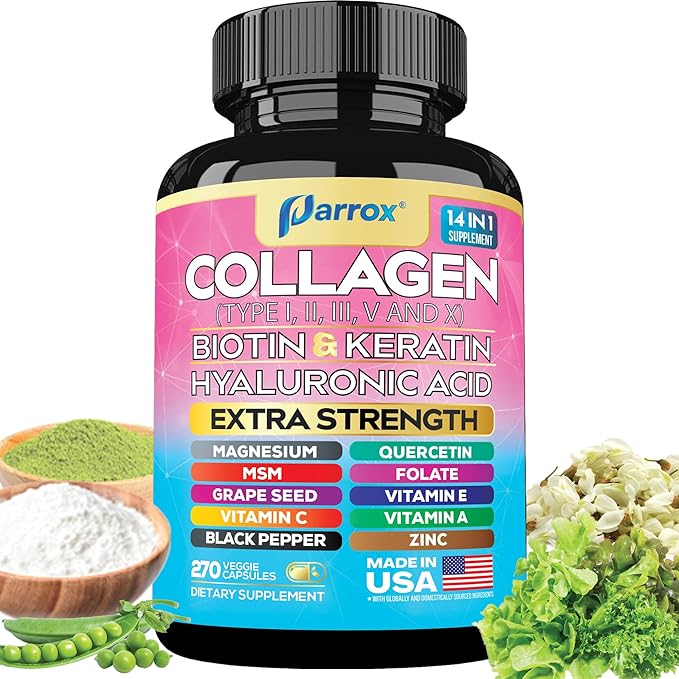 Collagen Peptides Types I, II, III, V & X, MCG Biotin, Keratin, Hyaluronic Acid, MSM, Zinc, Grape Seed Extract, Quercetin, Vitamin A, Vitamin C, Vitamin E, Magnesium, Folic Acid (270 Capsules)