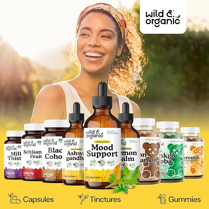 Wild & Organic Mood Support Supplement - Natural Liquid Drops for Positive Energy - Calm Mind Supplement for Women and Men - Non-Alcohol Ashwagandha & Rhodiola Rosea Root Tincture for Good Mood - 4 oz