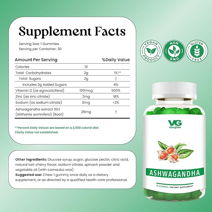 VITA GLOBE Ashwagandha Gummies 25mg with Vitamin D2 100mcg and Zinc 2mg, Ashwagandha for Men and Women, Supplement for Everyday Wellness, Mood Balance and Immune Nutrition, 30 Count, 1 Pack