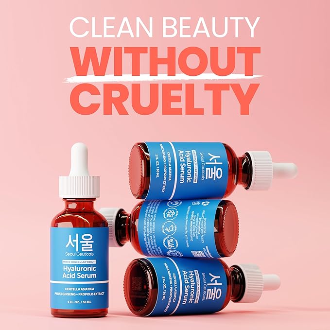 SeoulCeuticals Korean Hyaluronic Acid Serum For Face - High Molecular Weight & Low Molecular Weight Hyaluronic Acid - Centella Serum + Propolis. 1oz