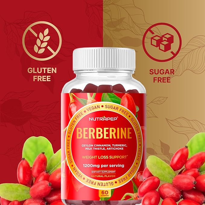 Premium Berberine HCl Weight Loss Support Gummies - 1200 mg Berberine HCl with Ceylon Cinnamon Turmeric Milk Thistle Artichoke for Metabolism Appetite Support - Sugar Free Gluten Free
