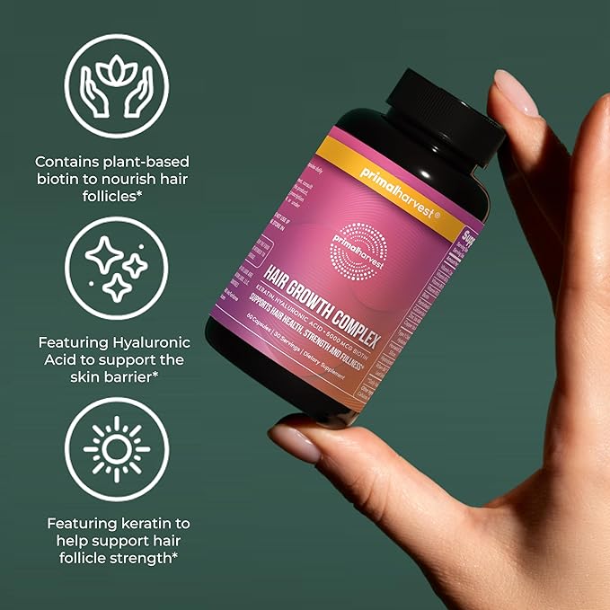 Primal Harvest Hair Growth Vitamins, 2 Pack - 120 Pills, Natural Hair Regrowth, Thickening, and Supplement for Men & Women with Biotin & Zinc