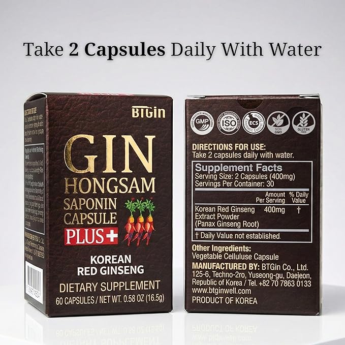 Gin Hongsam Saponin Capsule Plus Korean Red Panax Ginseng Extract - High Rg3 & Compound K Supplement - Caffeine Free Extra Strength Energy, Focus & Immune Support - 60 Capsules