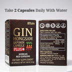 Gin Hongsam Saponin Capsule Plus Korean Red Panax Ginseng Extract - High Rg3 & Compound K Supplement - Caffeine Free Extra Strength Energy, Focus & Immune Support - 60 Capsules