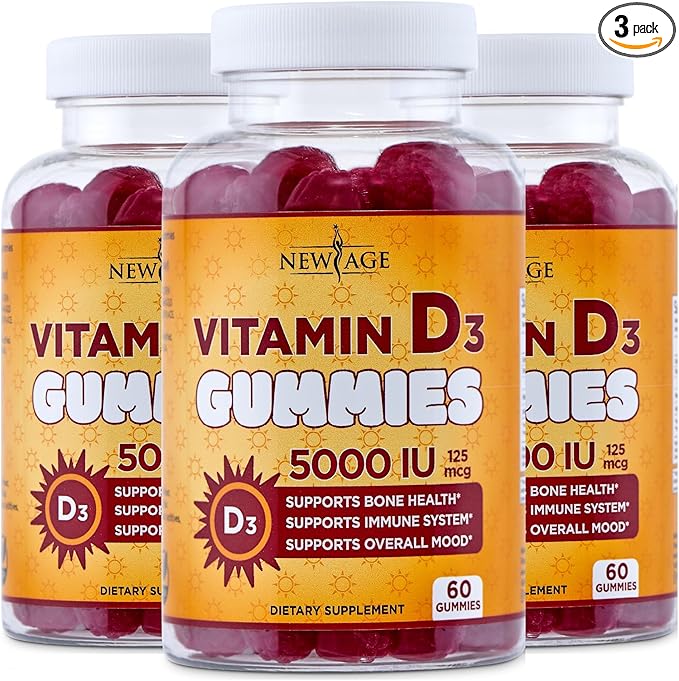 NEW AGE Vitamin D3 5000 IU 125mcg Gummies - Immune Supplement - Non-GMO, Gluten-Free, Dairy-Free, No Gelatin (180 Gummies (Pack of 3))