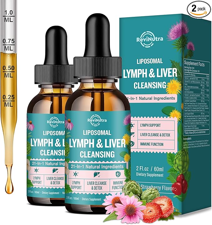 2 Pack Liposomal Lymphatic Drainage Drops, Liver Cleanse Detox & Repair Liquid Supplement with Milk Thistle, Dandelion, Burdock Root - Lymph & Liver Detox, Antioxidant, Strawberry Flavor 4 Fl Oz