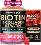 Venture Pal Biotin Gummies with Collagen & Keratin - Hair Growth Support Skin and Nail Strength Vitamins for Women & Men - Biotin 10000mcg | B-Complex | Saw Palmetto - Sugar Free, Non-GMO, 60ct